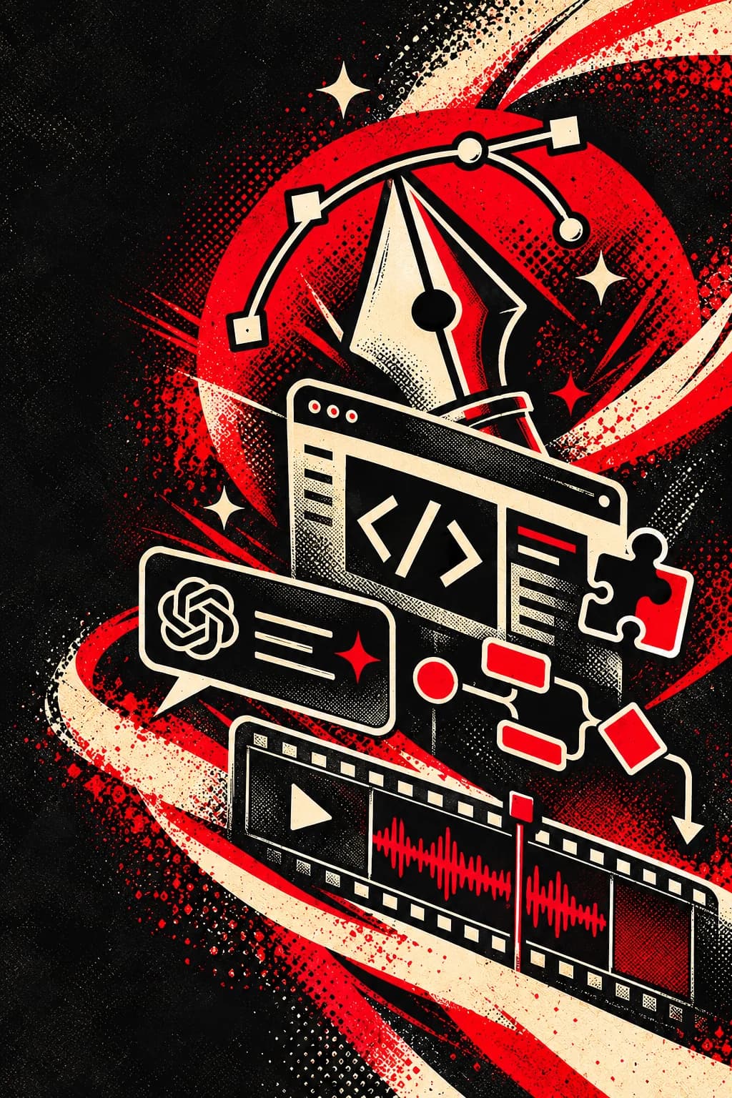 Screenprint style collage of creative tools, code, automation and video production